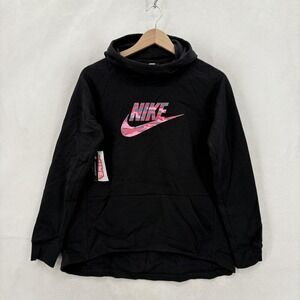 Nike Hoodie Girls XL Black Fleece Pullover Pink Camo Logo Standard Fit Swoosh